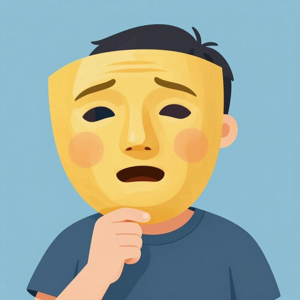 A person wearing a bright, smiling mask over a frowning face.