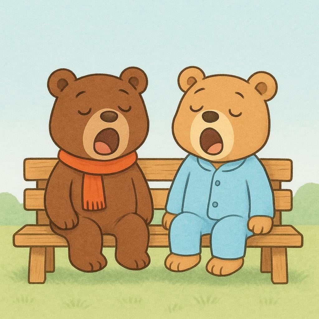 A storybook image showing two cartoon bears sitting on a wooden bench, both yawning widely and looking extremely tired, indicating a temporary state.