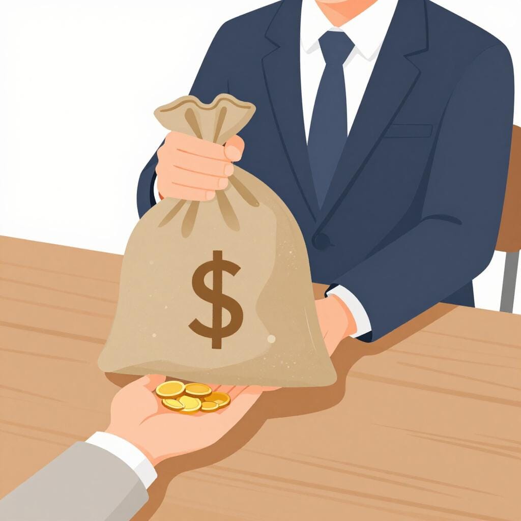 A person in a suit handing a heavy bag of gold coins to another person under a table.