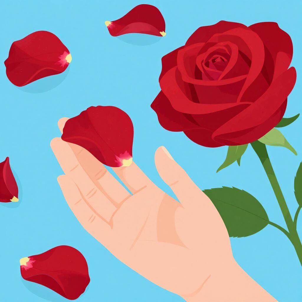 Een close-up van een hand die zachtjes de zachte bloemblaadjes van een felrode roos aanraakt.