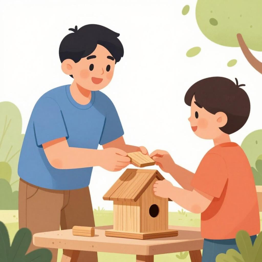 A friendly person offering a helpful hand to another person who is building a small wooden birdhouse.