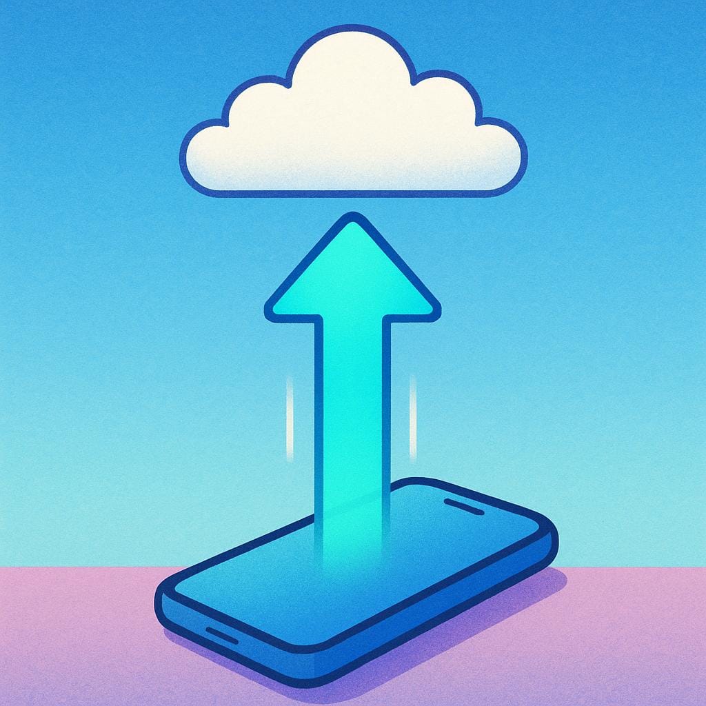 A simple illustration depicting a small rectangular mobile phone sending a bright upward arrow towards a stylized white cloud symbol.