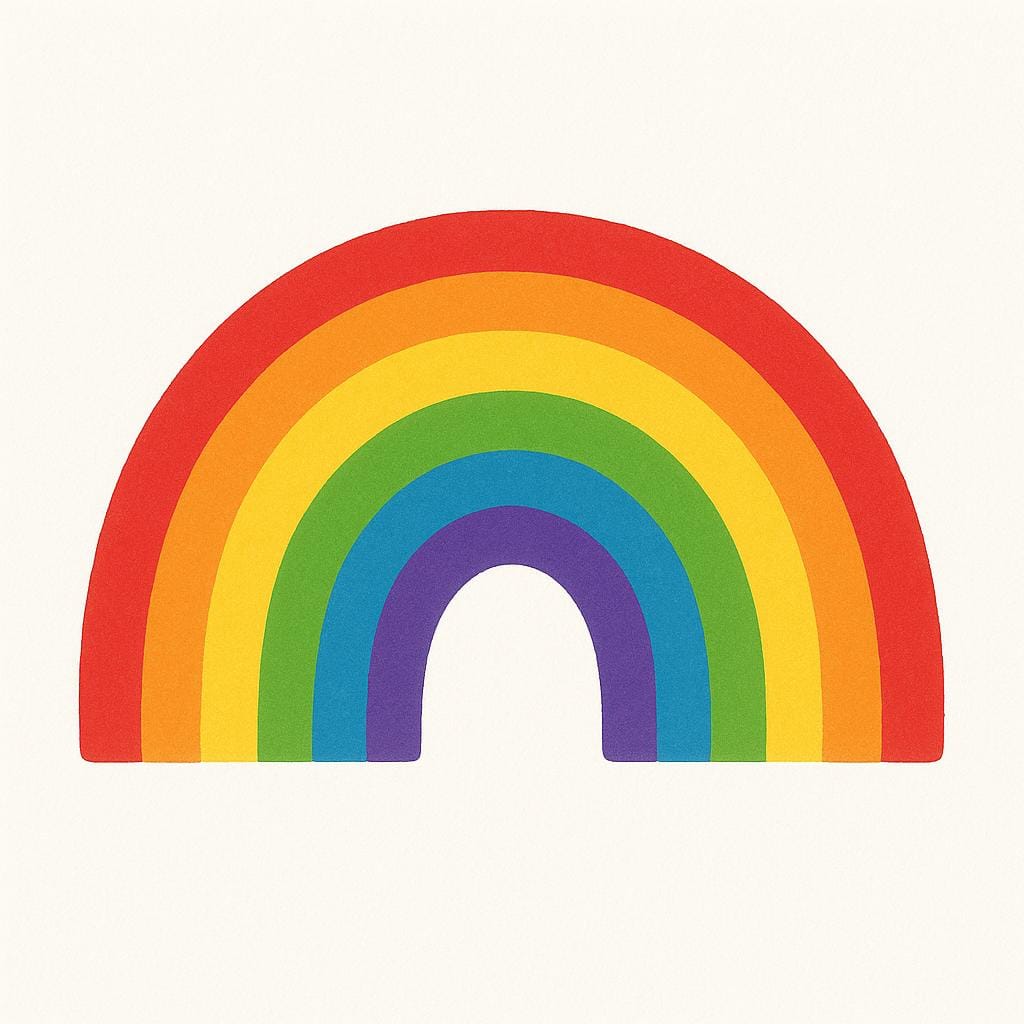 A high quality illustration of a bright, simple rainbow arc displaying the full spectrum of colors against a plain background.
