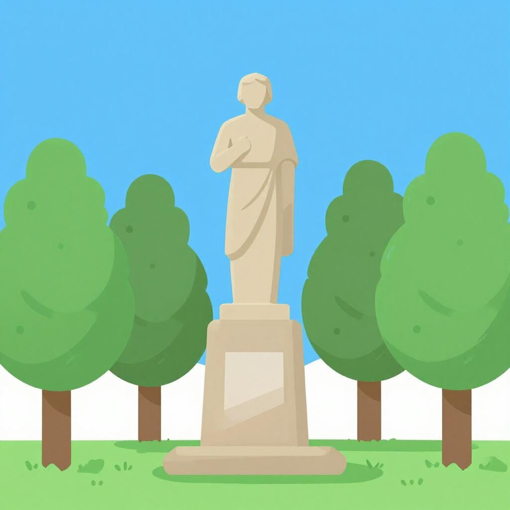 A large stone statue of a historical figure standing on a pedestal in a public square.