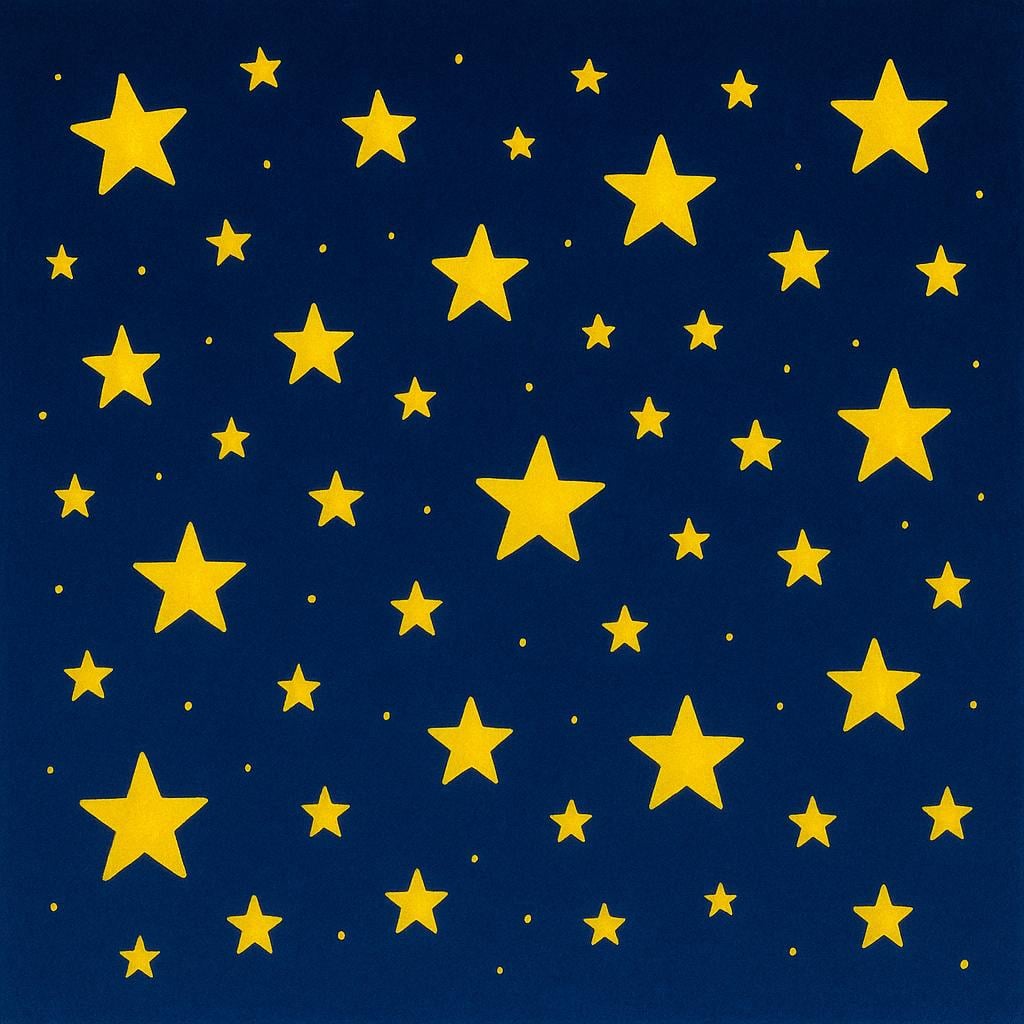 A deep blue night sky filled with many bright, twinkling yellow stars of various sizes.