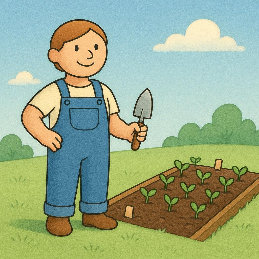 Un jardinier souriant portant une salopette se tient à côté d'un parterre de fleurs bien planté, tenant une petite truelle vide, signifiant l'achèvement de son effort.