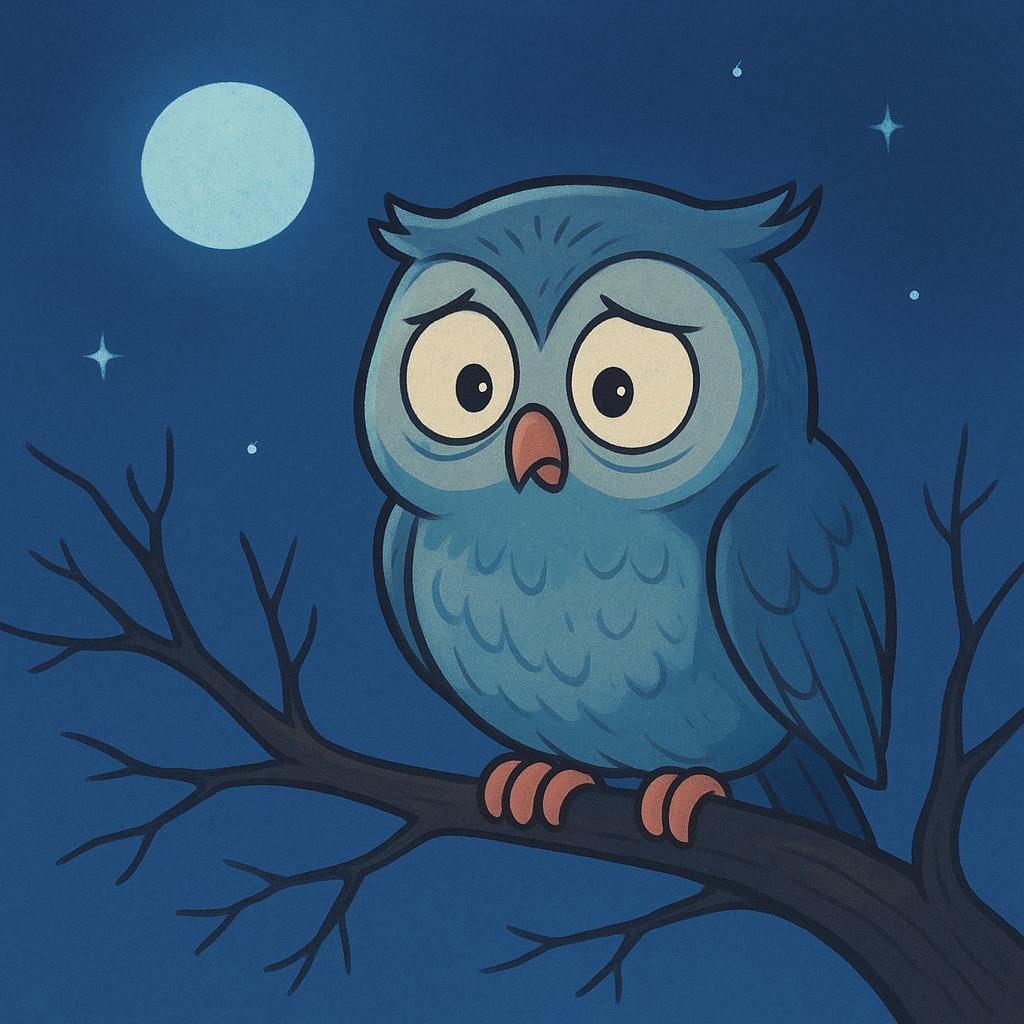 A storybook illustration of a cartoon owl sitting on a branch at night, looking intensely focused and slightly anxious, with furrowed feathers above its eyes.