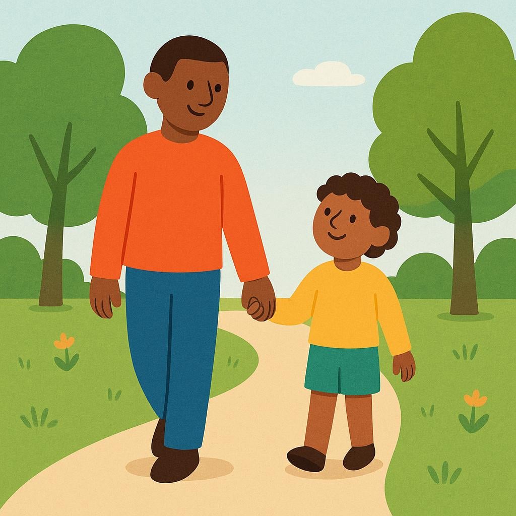 Two friendly, stylized figures, a man and a woman, walking together happily side-by-side on a park path, indicating a romantic relationship.