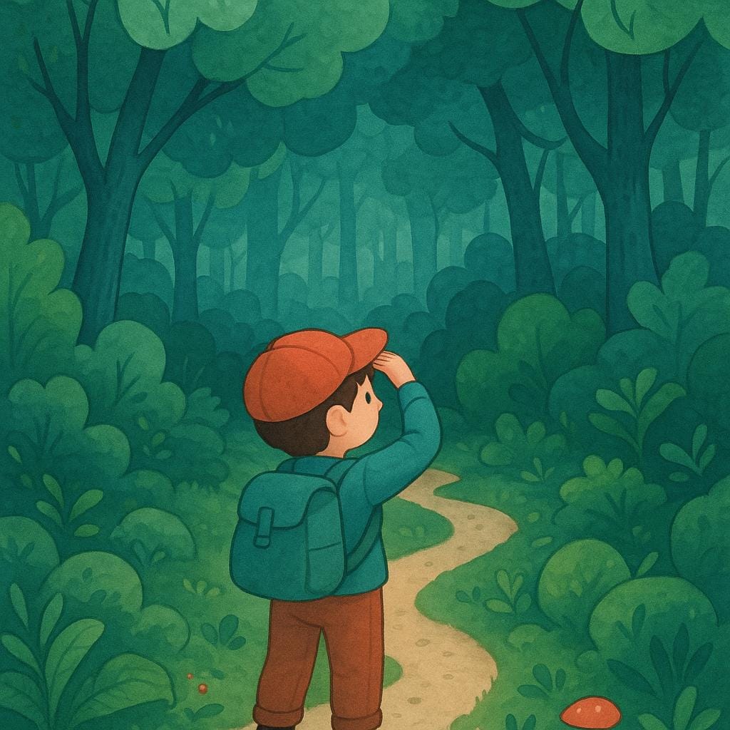 A small child standing at the edge of a dense, vibrant jungle path, looking forward with curiosity and slight apprehension at the unfamiliar surroundings.