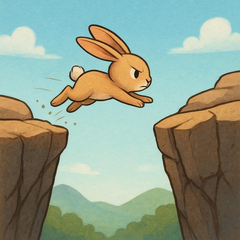 A small, adventurous cartoon rabbit is mid-air, leaping across a wide, deep canyon gap toward a safe ledge on the far side.