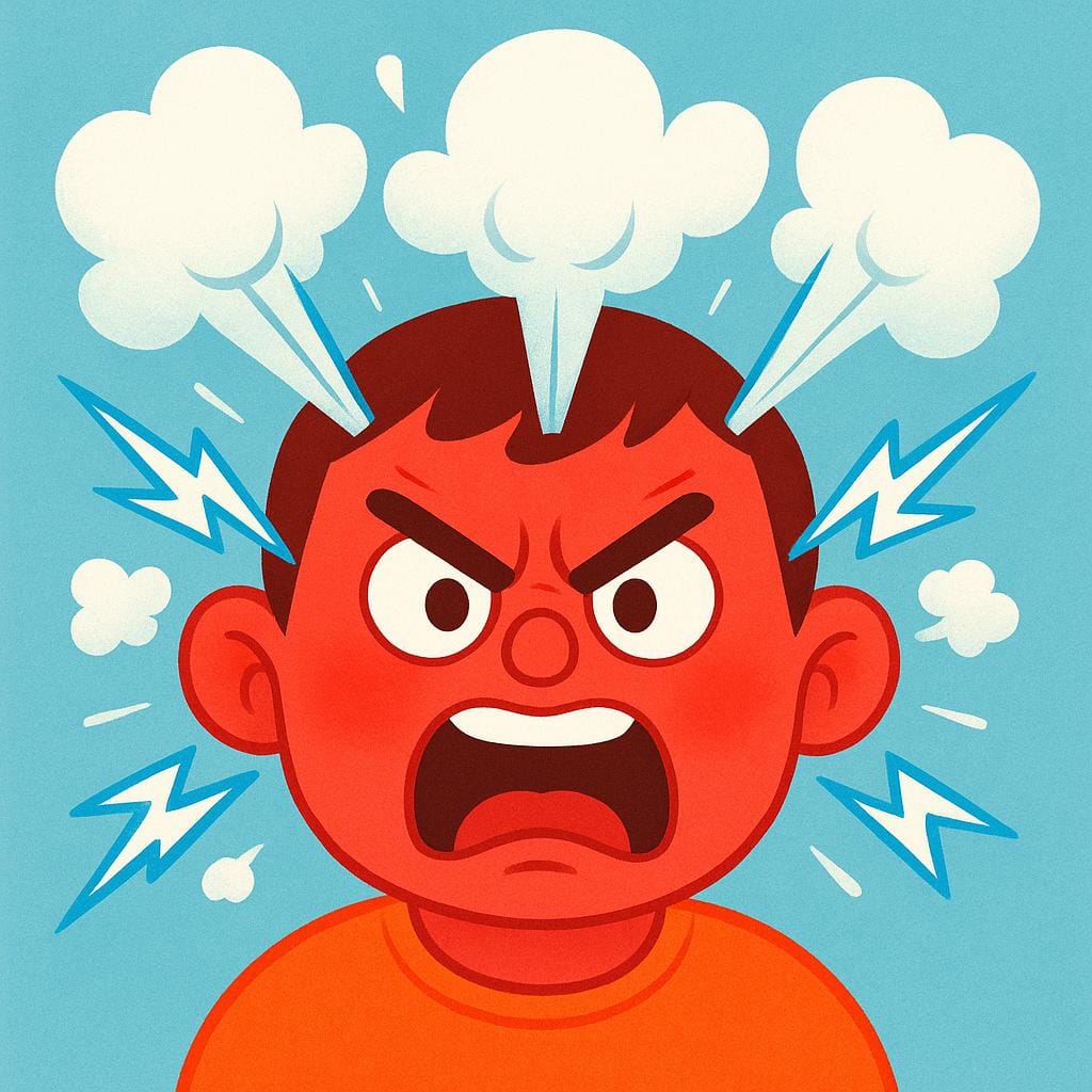 A simple character's face suddenly turning red with massive cartoon steam and lightning bolts bursting from their ears and head, symbolizing an intense emotional outburst.