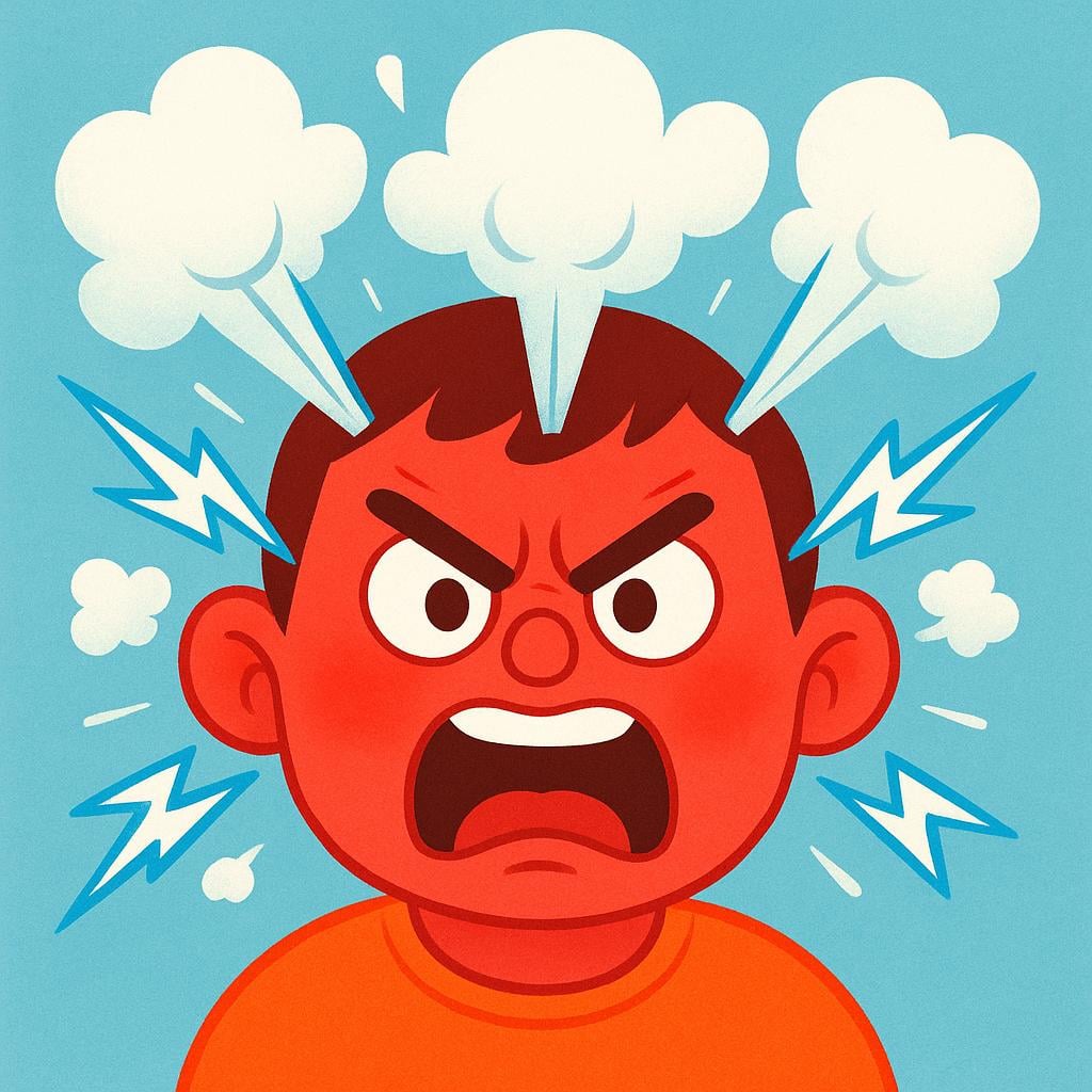 A simple character's face suddenly turning red with massive cartoon steam and lightning bolts bursting from their ears and head, symbolizing an intense emotional outburst.