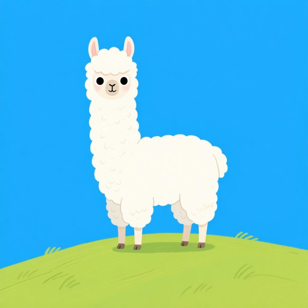 A fluffy, white llama with large eyes standing calmly on a green hillside with a few simple mountains in the background.