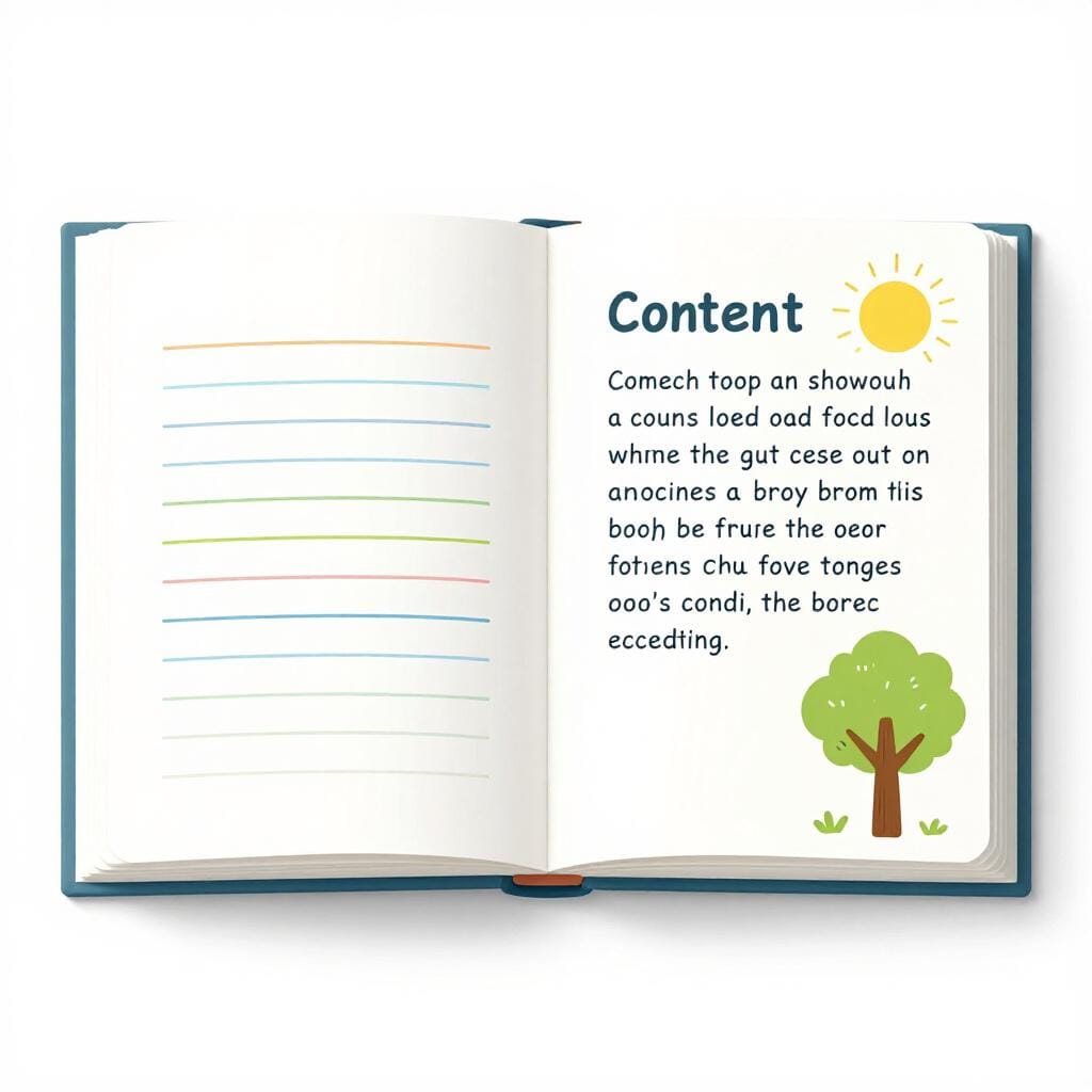 Uma ilustração colorida de um livro aberto mostrando uma lista de títulos de capítulos na página esquerda.