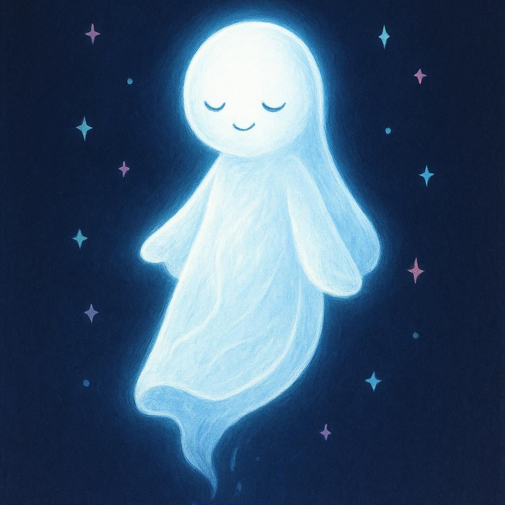 An ethereal, translucent white figure floating upwards against a dark background, symbolizing a spirit or soul.