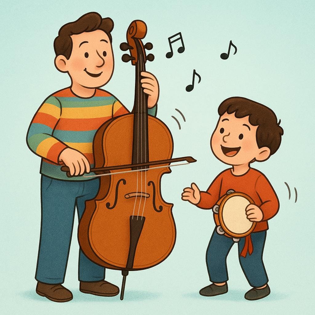 An illustration of two musicians collaborating, one playing a cello and the other playing a simple tambourine next to them, demonstrating playing along with a musical performance.