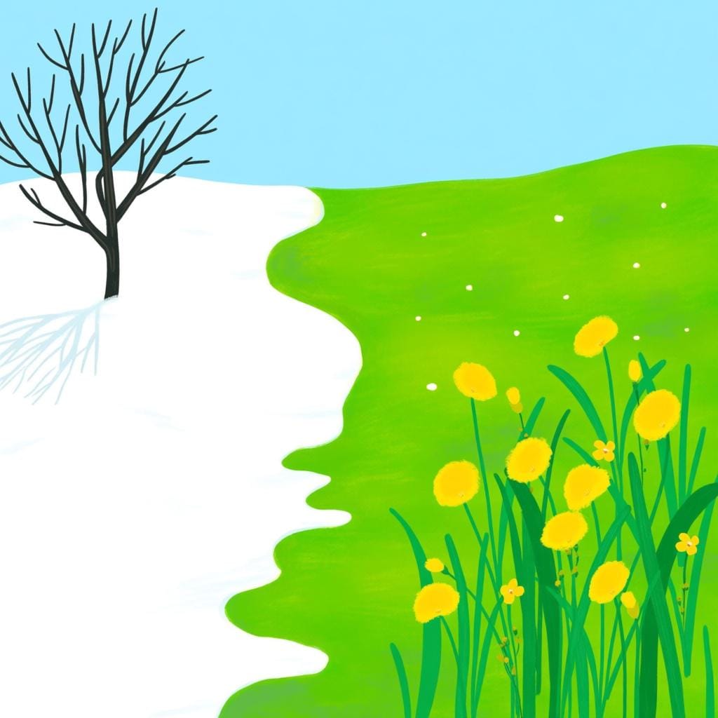 A simple landscape clearly divided, showing snowy winter on the left side and green, blooming spring on the right side.