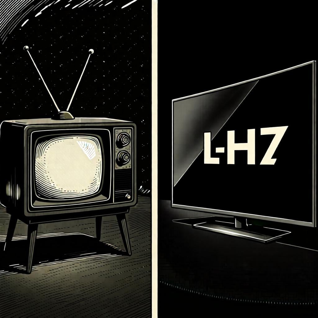 A split image showing an old-fashioned black-and-white television on the left and a modern, colorful flat-screen TV on the right.