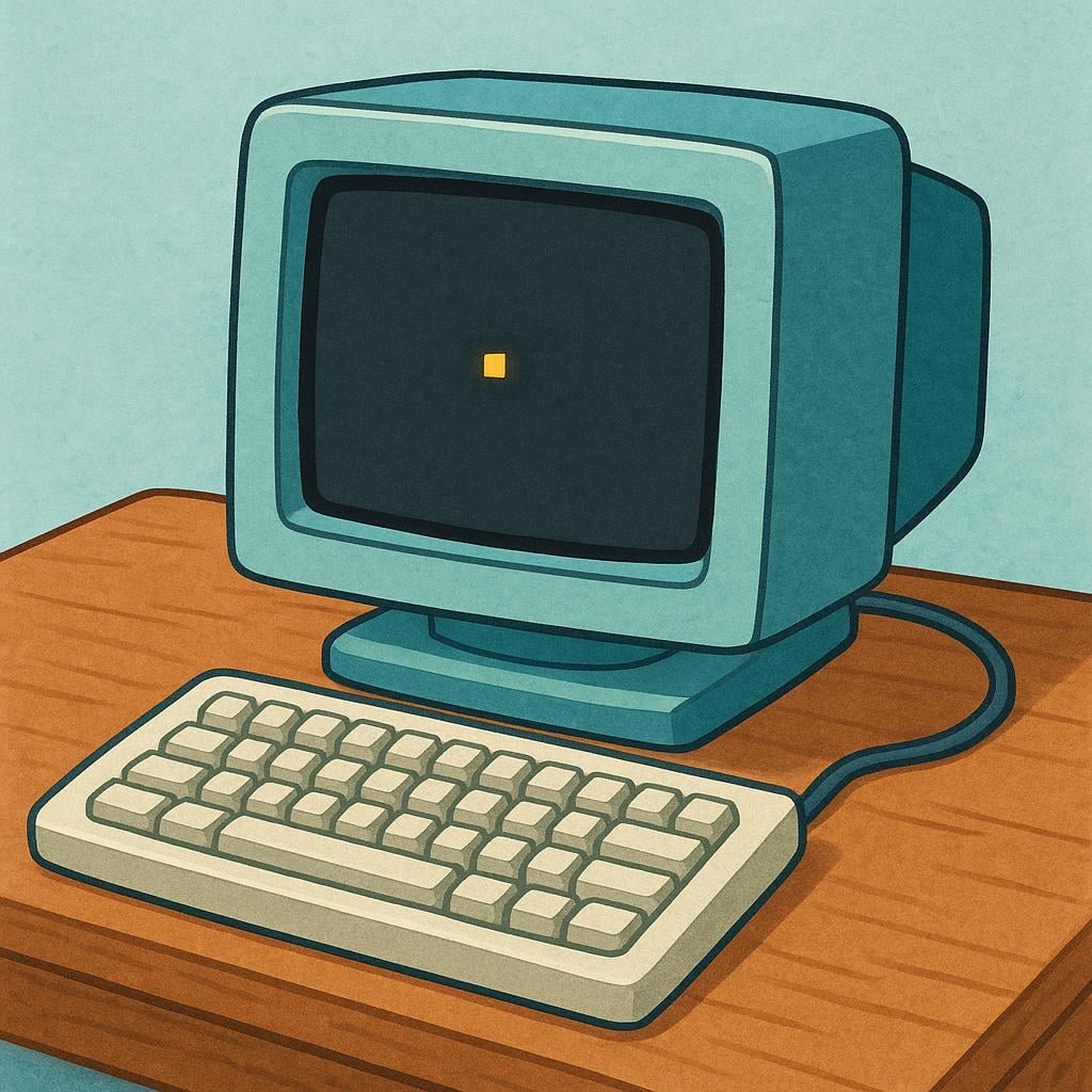 A chunky, retro computer monitor box with a dark screen is resting on a simple desk next to a connected keyboard, representing a computer interface.