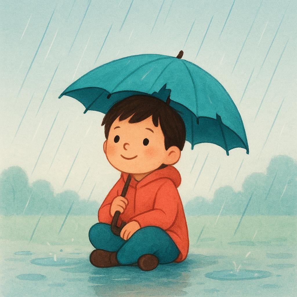 A small child sitting patiently under a light rain, holding a small, broken umbrella, illustrating tolerance and endurance.