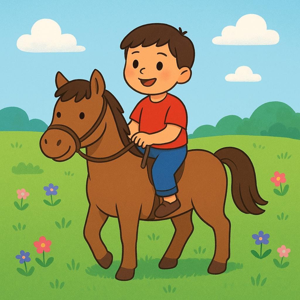 Un bambino felice cavalca un pony in un campo verde e soleggiato.