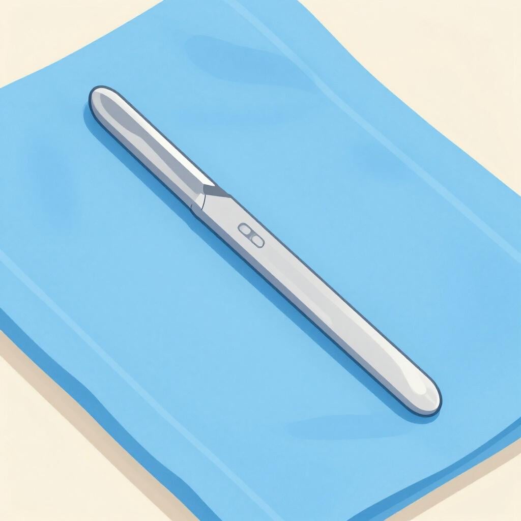 A shiny stainless steel scalpel laying on a clean blue cloth.