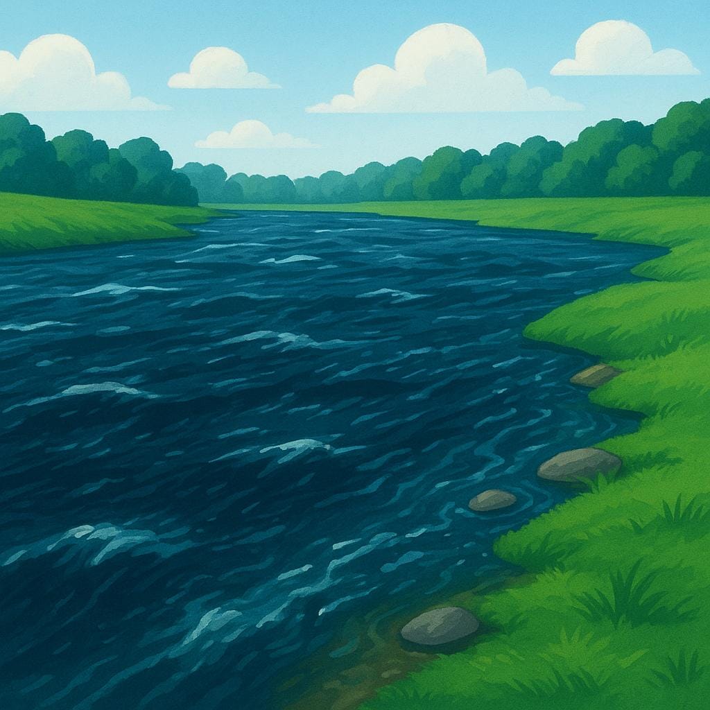 A wide river with visibly high, dark water levels that are close to spilling over the banks, showing the river is swollen.