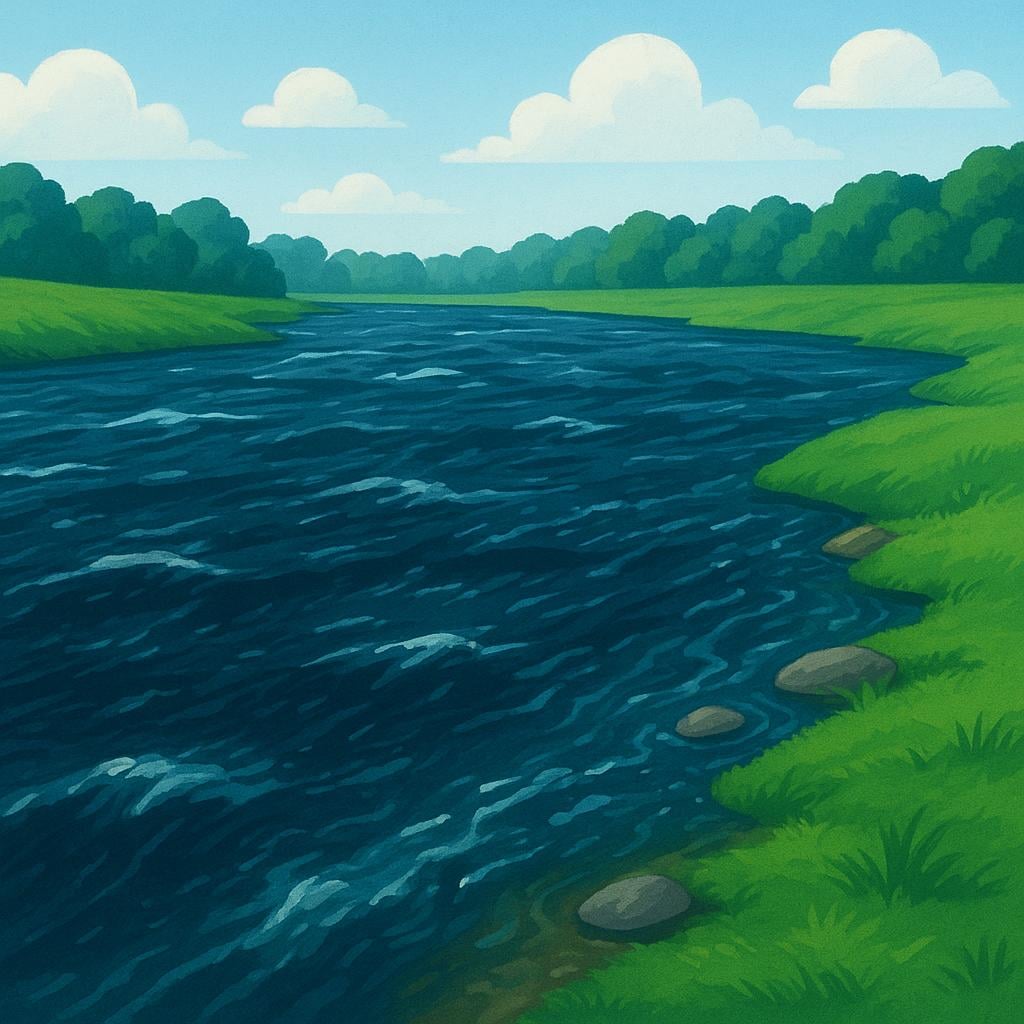 A wide river with visibly high, dark water levels that are close to spilling over the banks, showing the river is swollen.