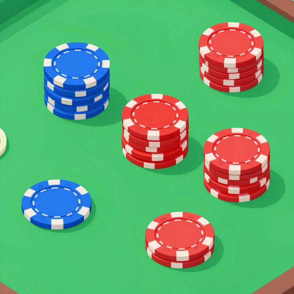 色とりどりのチップが積み重ねられた緑色のフェルト地のテーブル。