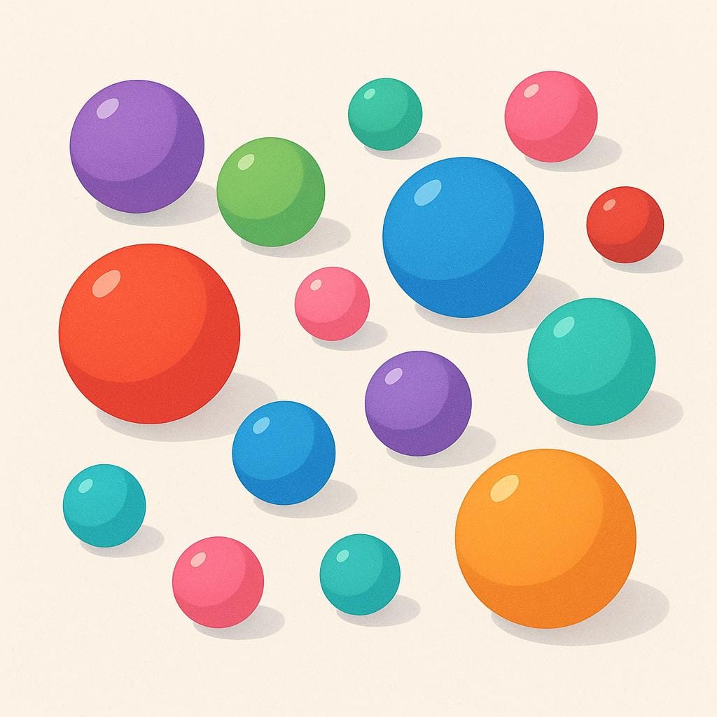 A collection of brightly colored spherical toy balls scattered on a floor.