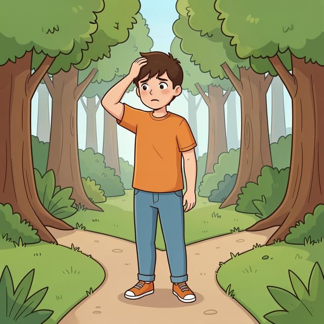 A person looking at two different paths in a forest with a questioning expression, scratching their head.