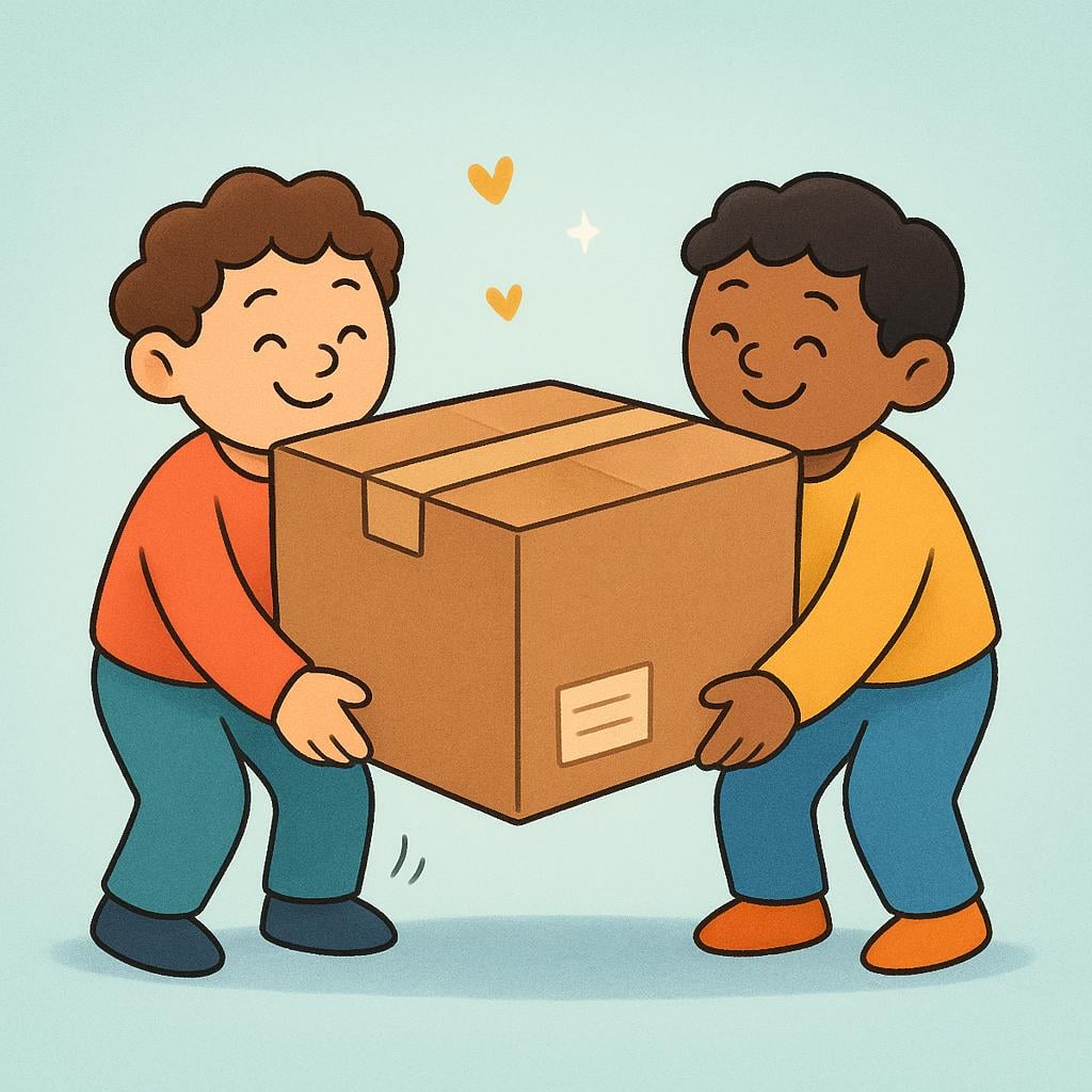 Two friendly cartoon figures collaborating to lift and carry a single large, heavy brown box together.