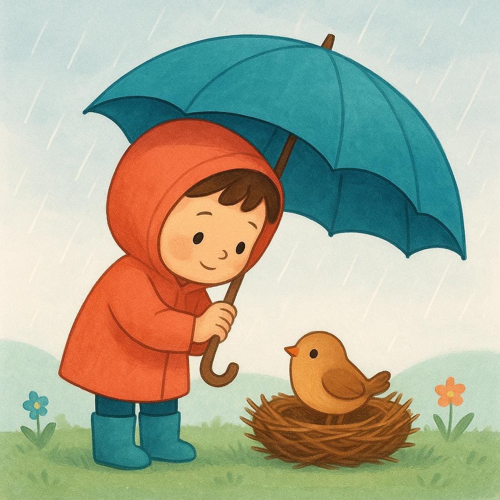 A small child holding an umbrella over a tiny bird in a nest, demonstrating a protective instinct against light rain.