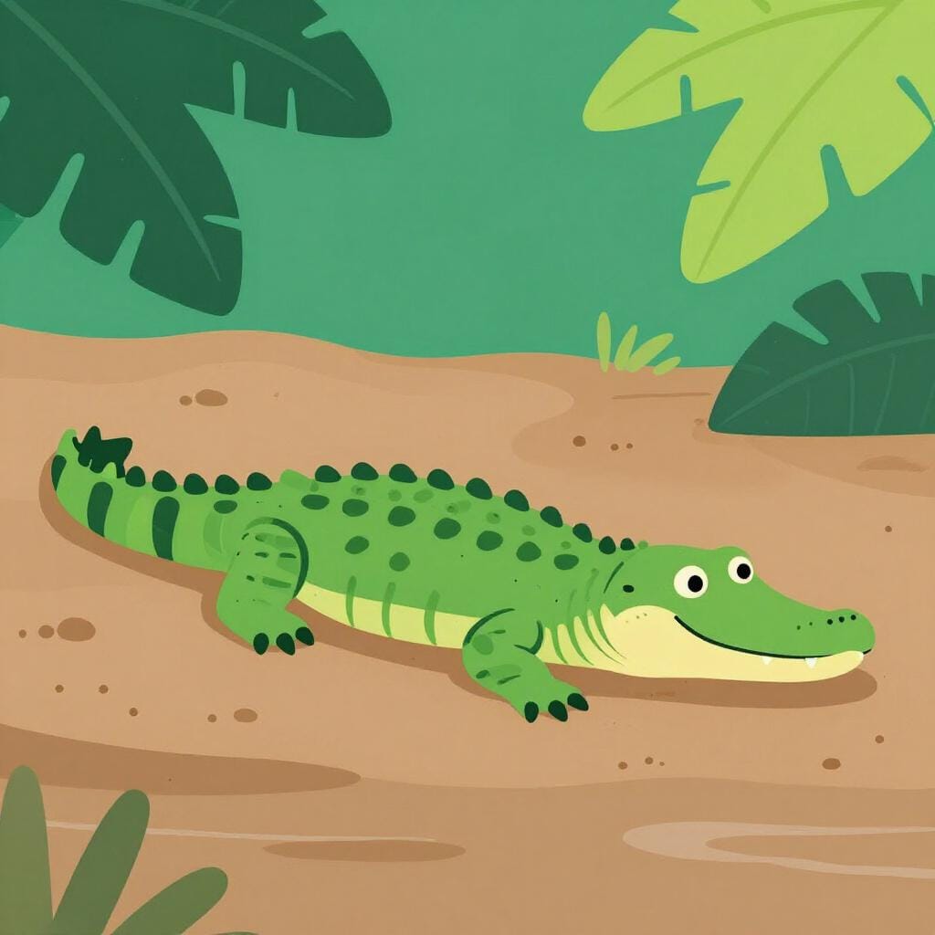 A green caiman with scaly skin resting on a muddy riverbank near tropical plants.