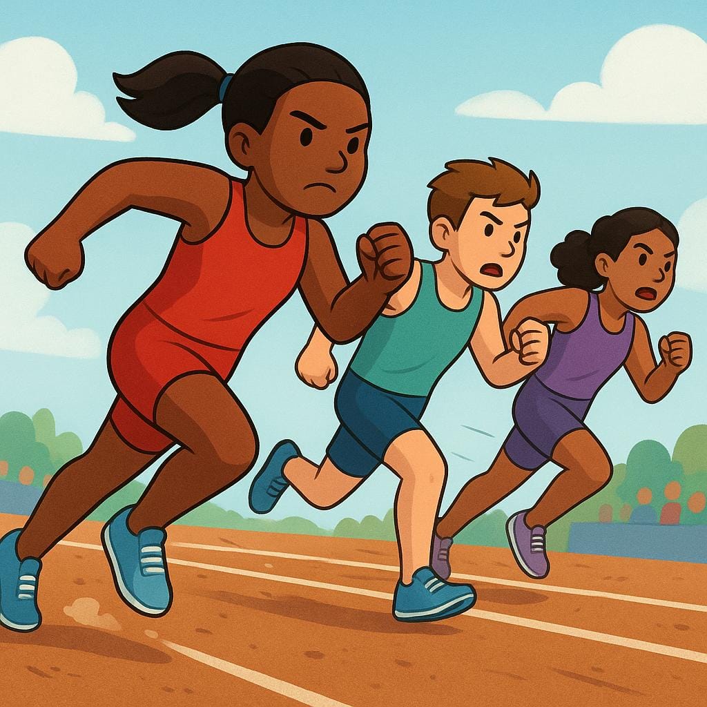 Un trio di corridori che sprintano con determinazione verso un traguardo implicito, rappresentando la necessità o il desiderio che corrano.