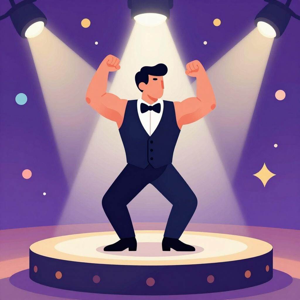 A muscular man performing on a stage under a spotlight in a party setting.