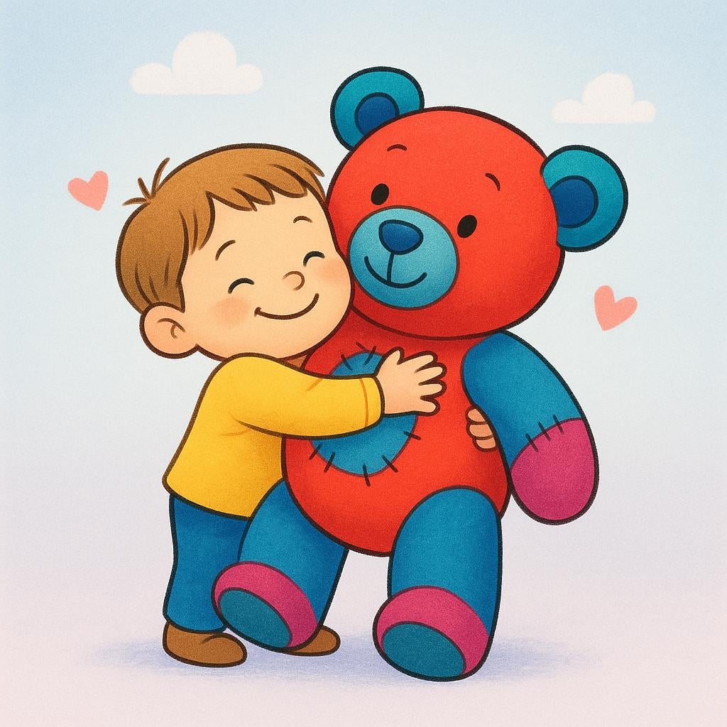A joyful child tightly hugging a large, fluffy blue teddy bear, emphasizing that the bear is exclusively theirs.