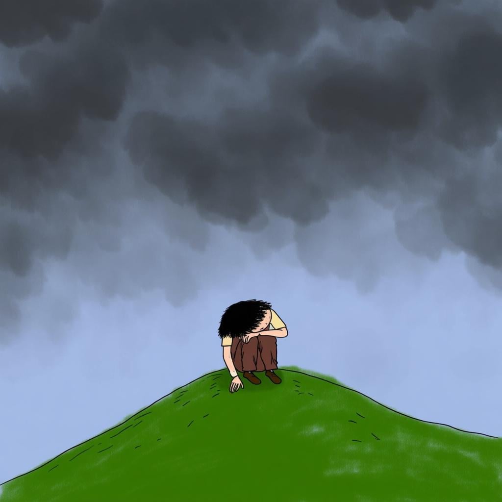 A single figure sitting dejectedly under a sky filled with heavy, dark, storm clouds, symbolizing gloom.