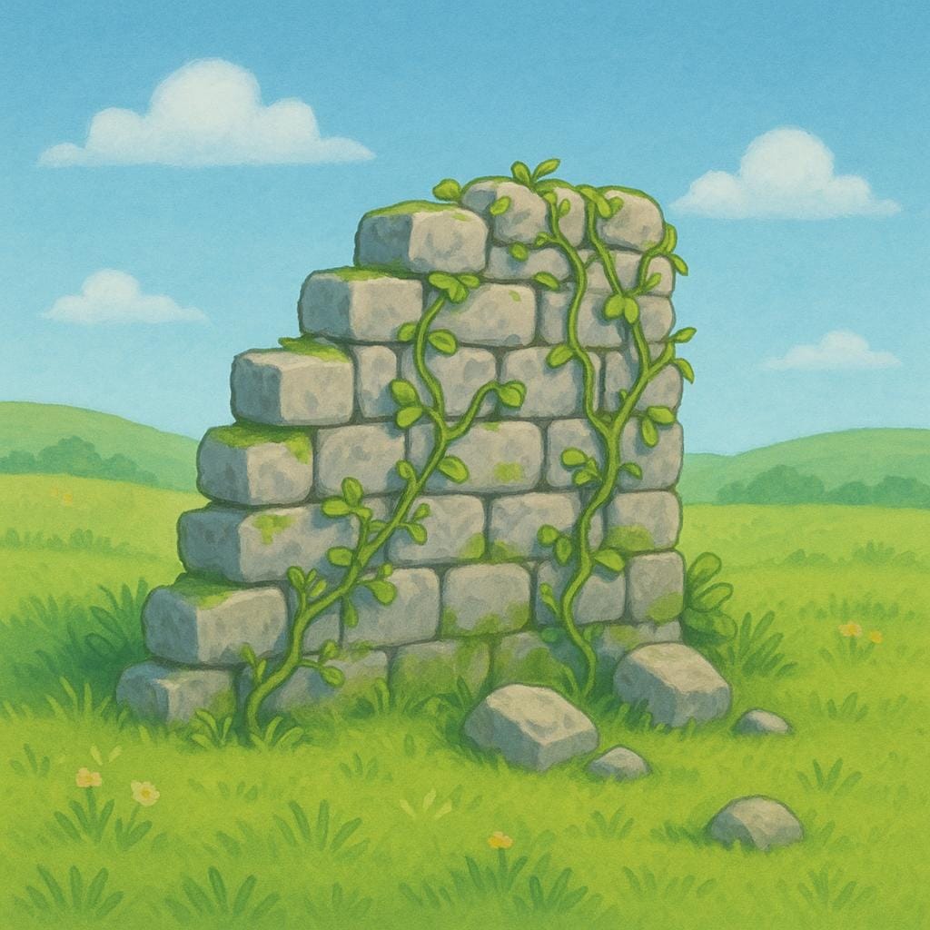 A crumbling stone wall of an ancient structure, partially covered in green vines, symbolizing a physical ruin.