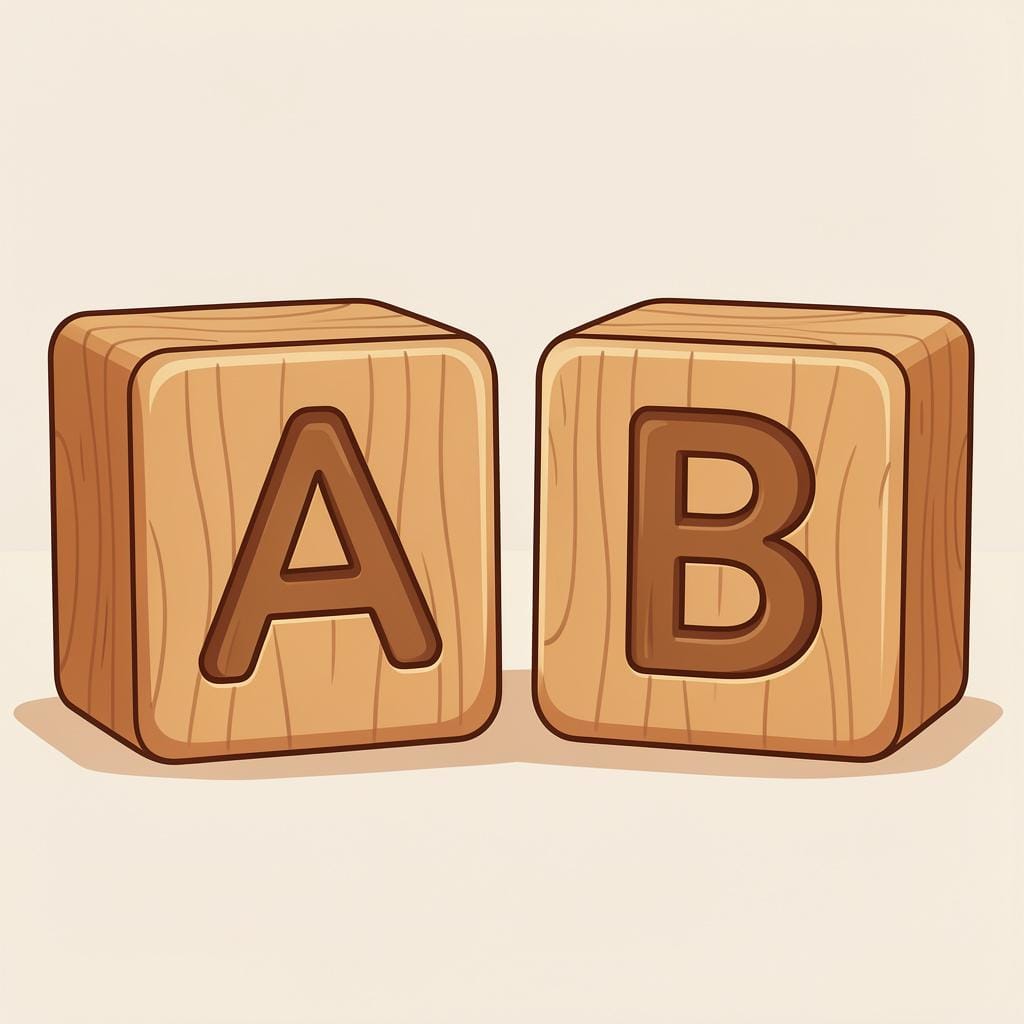 A wooden block carved with the letter A and another with the letter B, representing the first letters of a name.