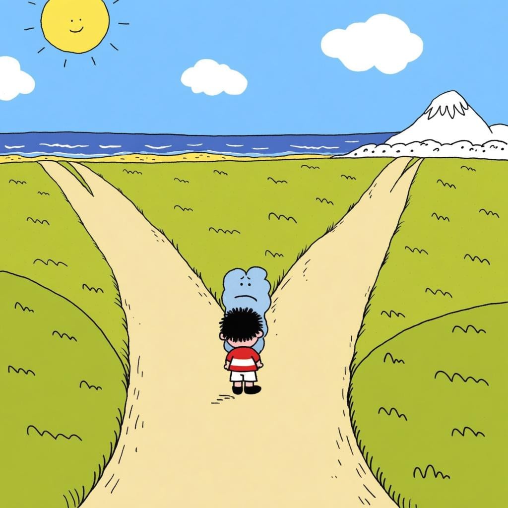 A small person standing at a fork in a dirt road, looking unsure whether to go toward the sunny beach or the snowy mountain.