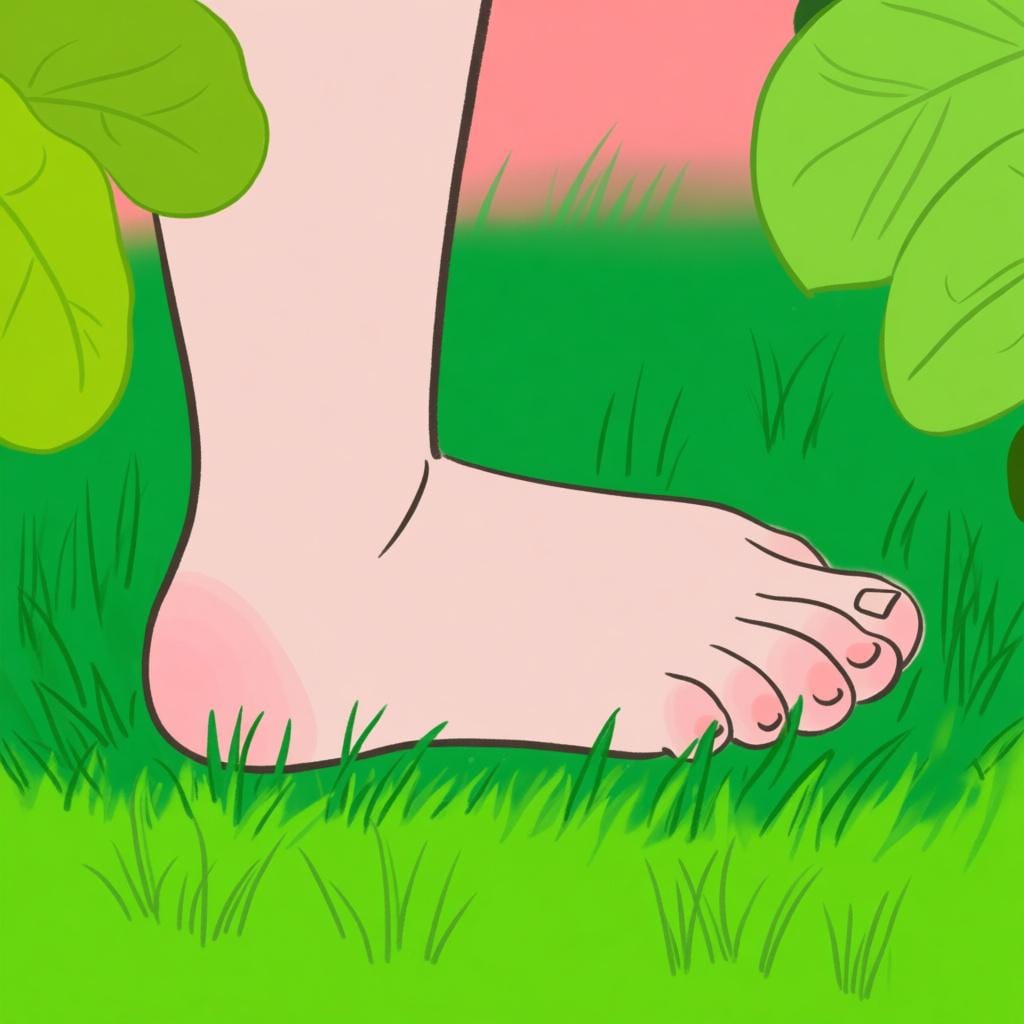 A close-up illustration of a bare human foot standing firmly on green grass, showing the sole and toes.