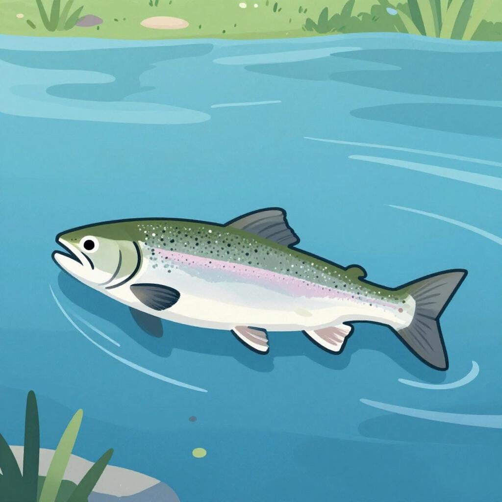 A whole salmon fish swimming through clear blue water.