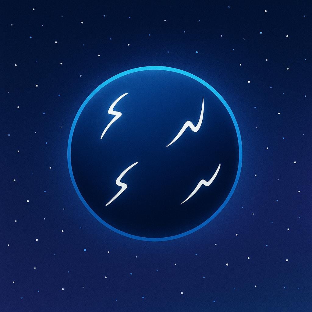 A dark blue, perfectly round sphere floating in space, emitting small, simple white electrical arcs that curve inward, symbolizing a negative electrical charge.