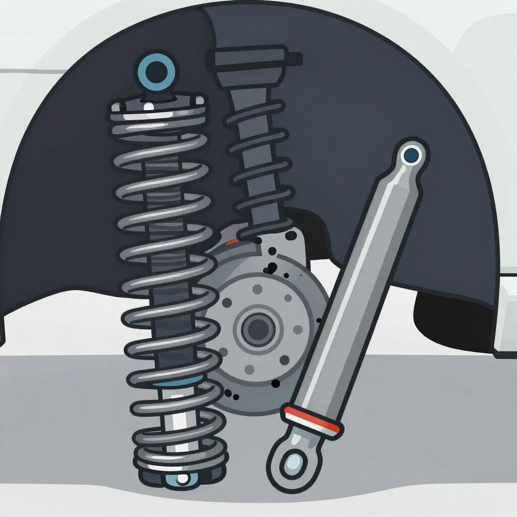 Nahaufnahme einer Metallfeder und eines Stoßdämpfers aus der Radaufhängung eines Autos.