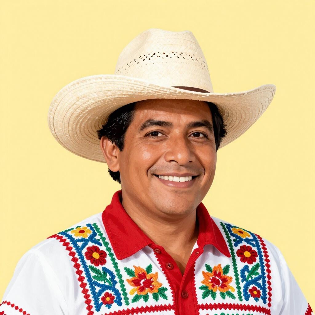 Un uomo felice che indossa un tradizionale cappello panama e una camicia colorata, sorridendo.