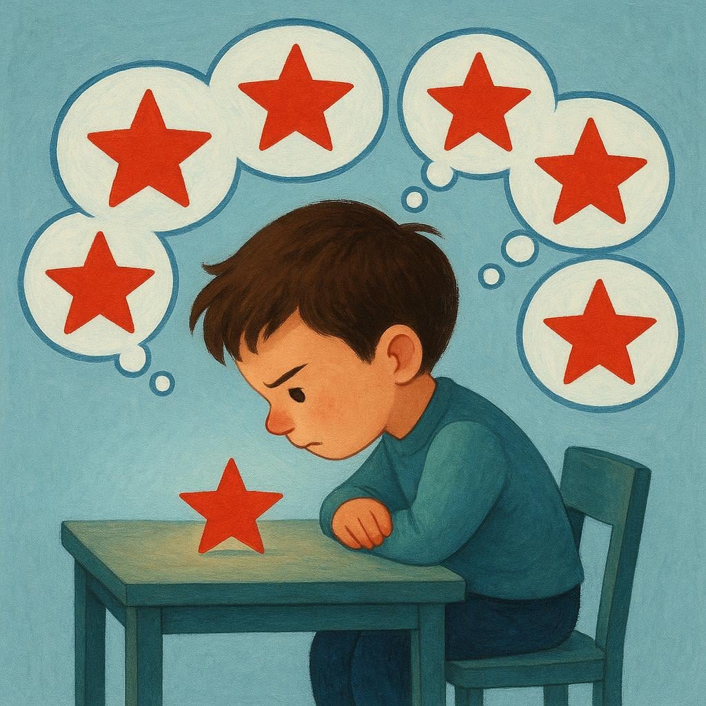 A simplified illustration showing a person staring intently at a red star placed on a table. Large thought bubbles float above the person's head, and every bubble contains the image of the identical red star, symbolizing obsession or mental fixation.