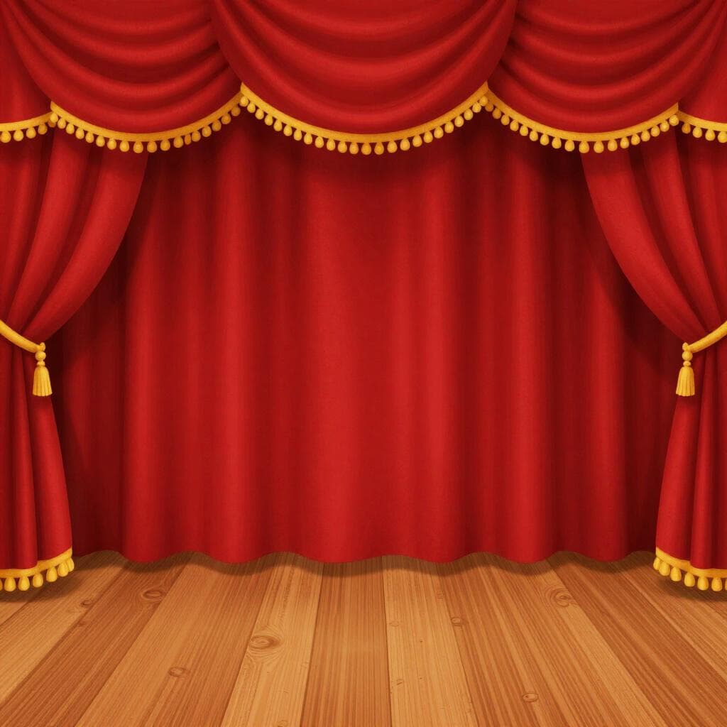 Ein großer, schwerer roter Samtvorhang, der über eine hölzerne Theaterbühne drapiert ist.