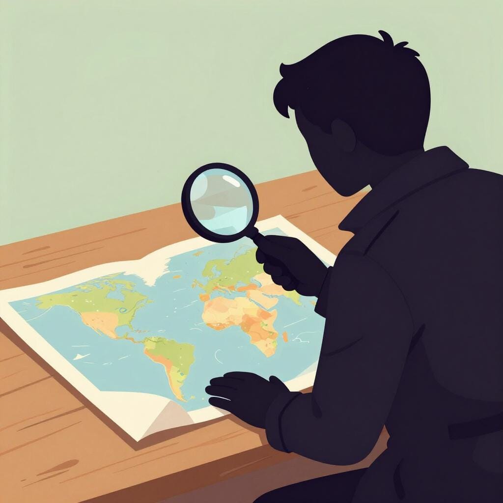 A silhouette of a person wearing a trench coat and hat, holding a magnifying glass over a mysterious map.