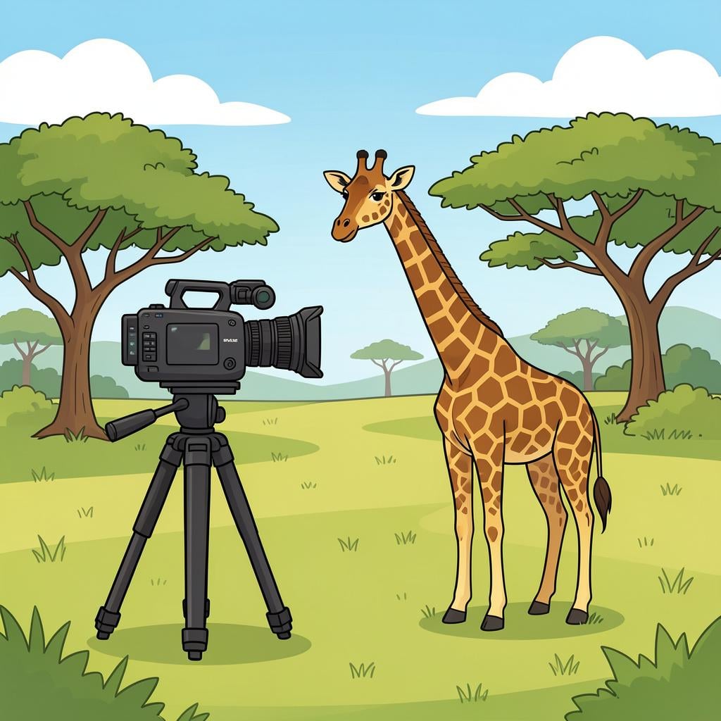 A large video camera on a tripod filming a giraffe in a sunny savanna.